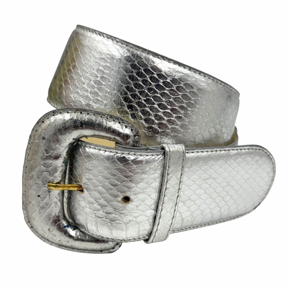 VTG 90s Metallic Silver Snakeskin Faux Leather Belt Wide Size Small S